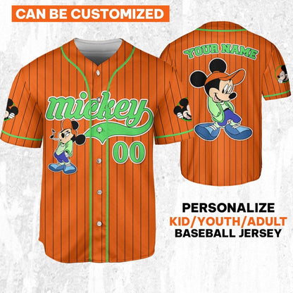 Personalize Disney Mickey Mouse Young Orange Green Light Baseball Jersey TT1024-BO4G62GV
