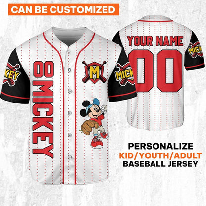 Personalize Disney Mickey Play Baseball Red White Baseball Jersey TT1024-6D55ZW0M