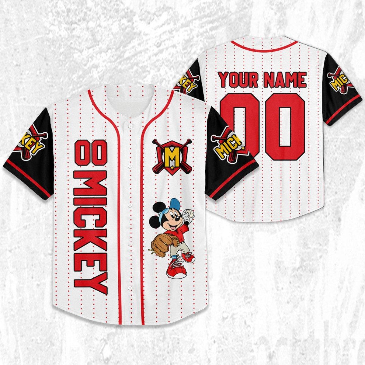 Personalize Disney Mickey Play Baseball Red White Baseball Jersey TT1024-6D55ZW0M