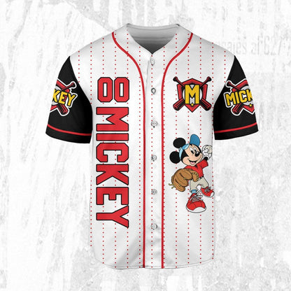 Personalize Disney Mickey Play Baseball Red White Baseball Jersey TT1024-6D55ZW0M