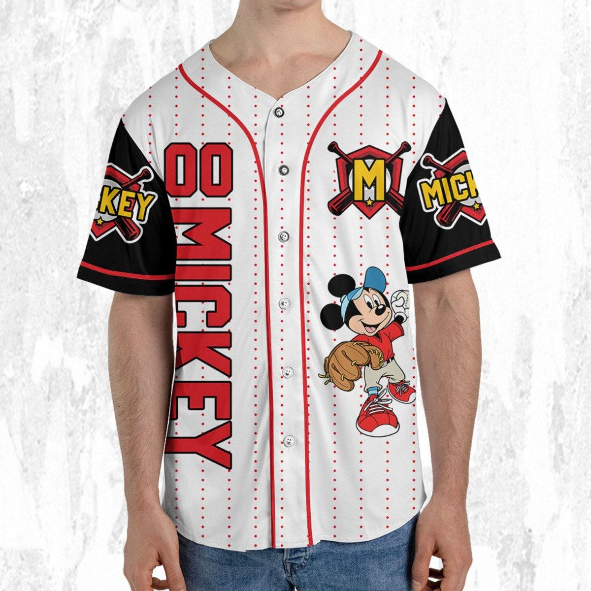 Personalize Disney Mickey Play Baseball Red White Baseball Jersey TT1024-6D55ZW0M