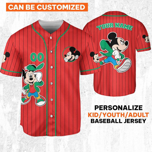 Personalize Disney Mickey Young Mouse Smile Red Green Baseball Jersey TT1024-AY06COOK